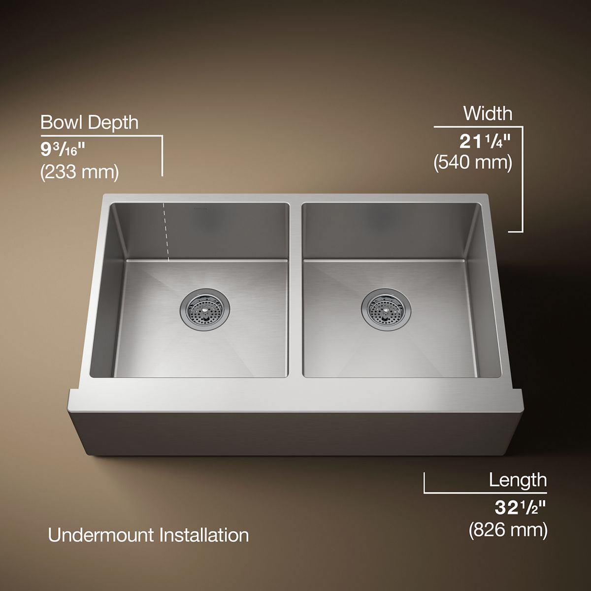 Strive® 35-1/2" undermount double-bowl farmhouse kitchen sink with accessories