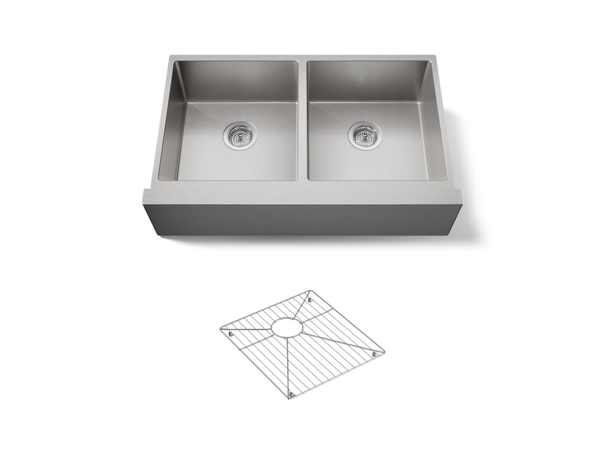 Strive® 35-1/2" undermount double-bowl farmhouse kitchen sink with accessories