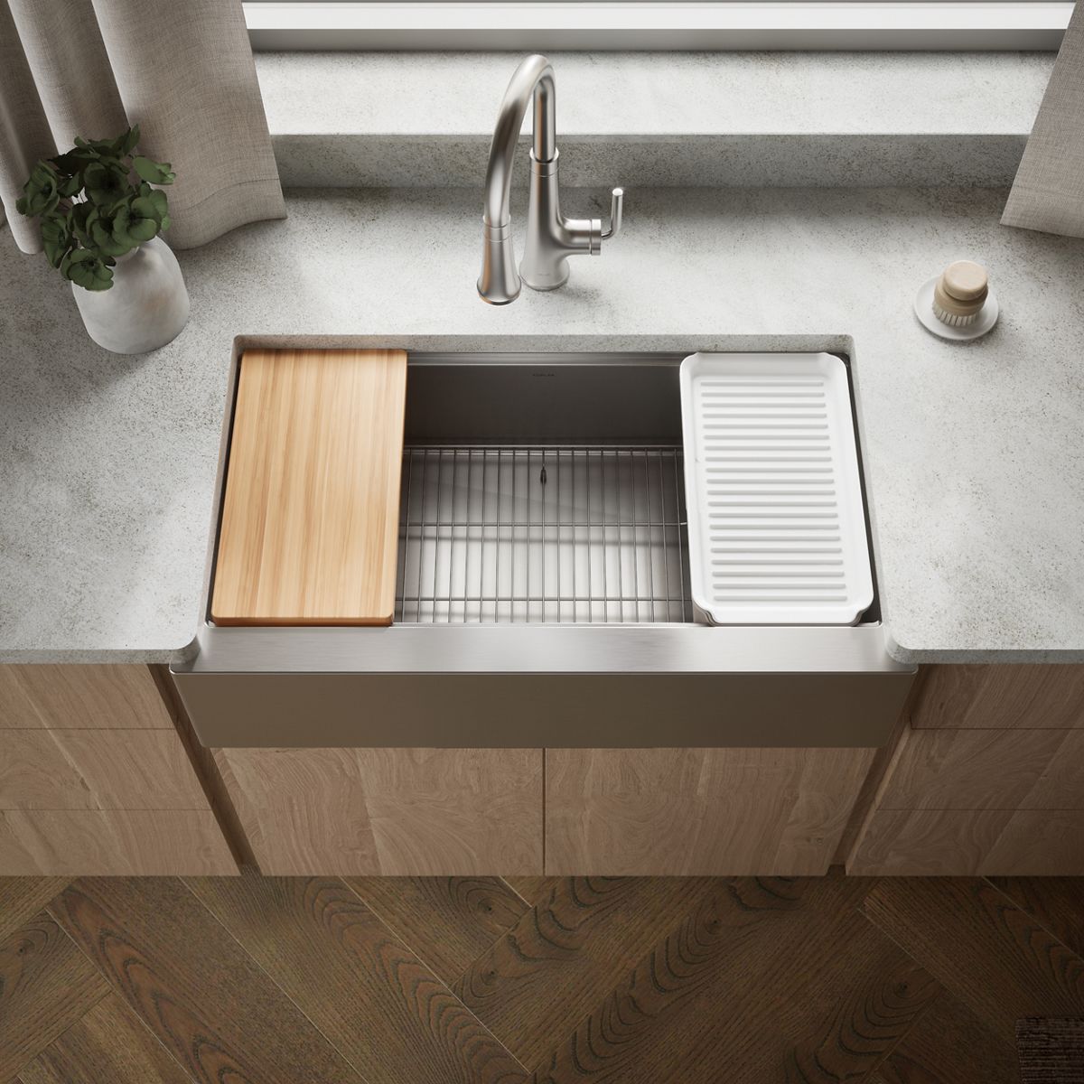 Strive® 35-1/2" undermount single-bowl farmhouse workstation kitchen sink