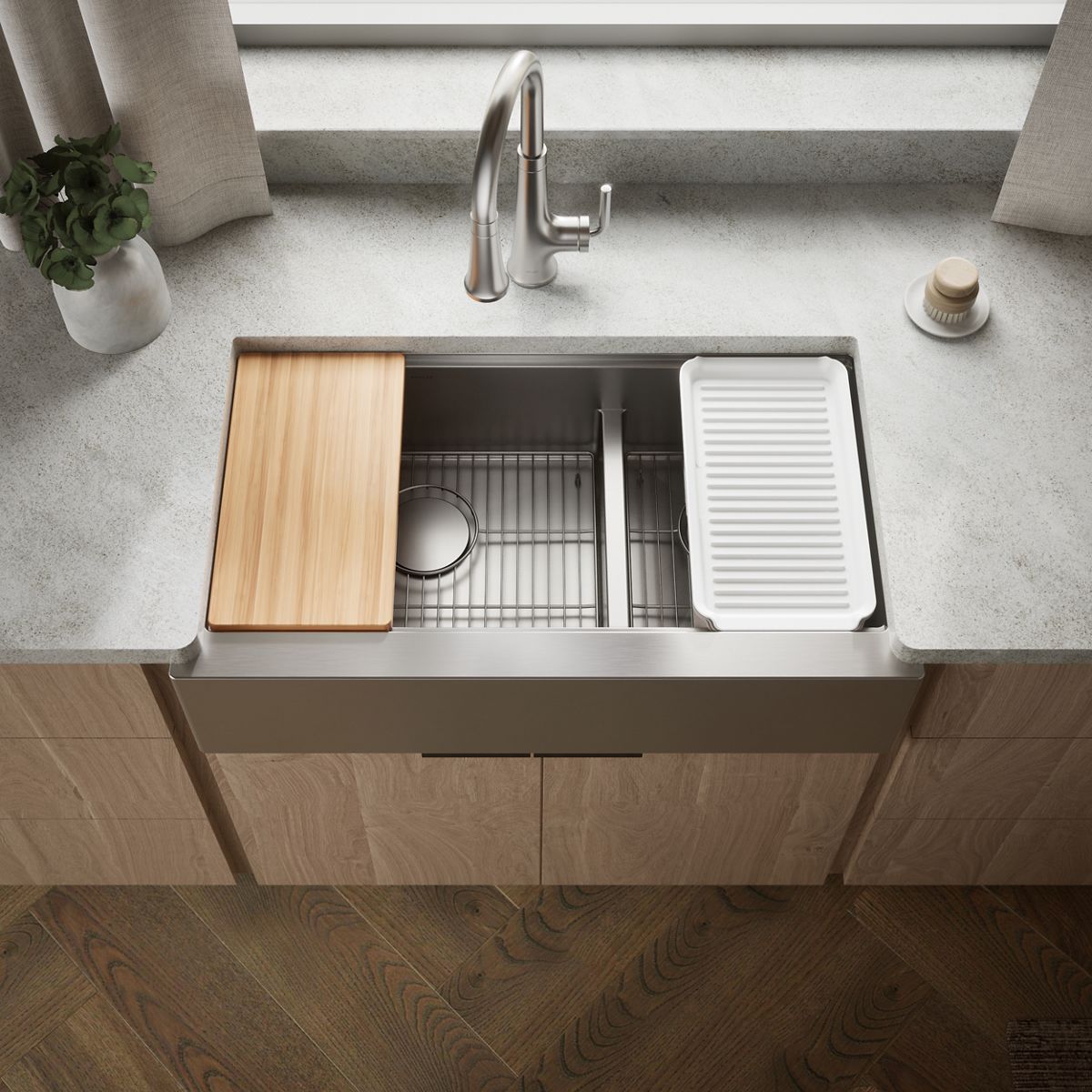 Strive® Smart Divide® 35-1/2” undermount double-bowl farmhouse workstation kitchen sink