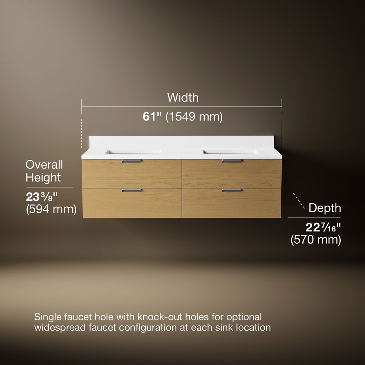 Maxstow® 60" wall-hung bathroom vanity cabinet with sink and quartz top