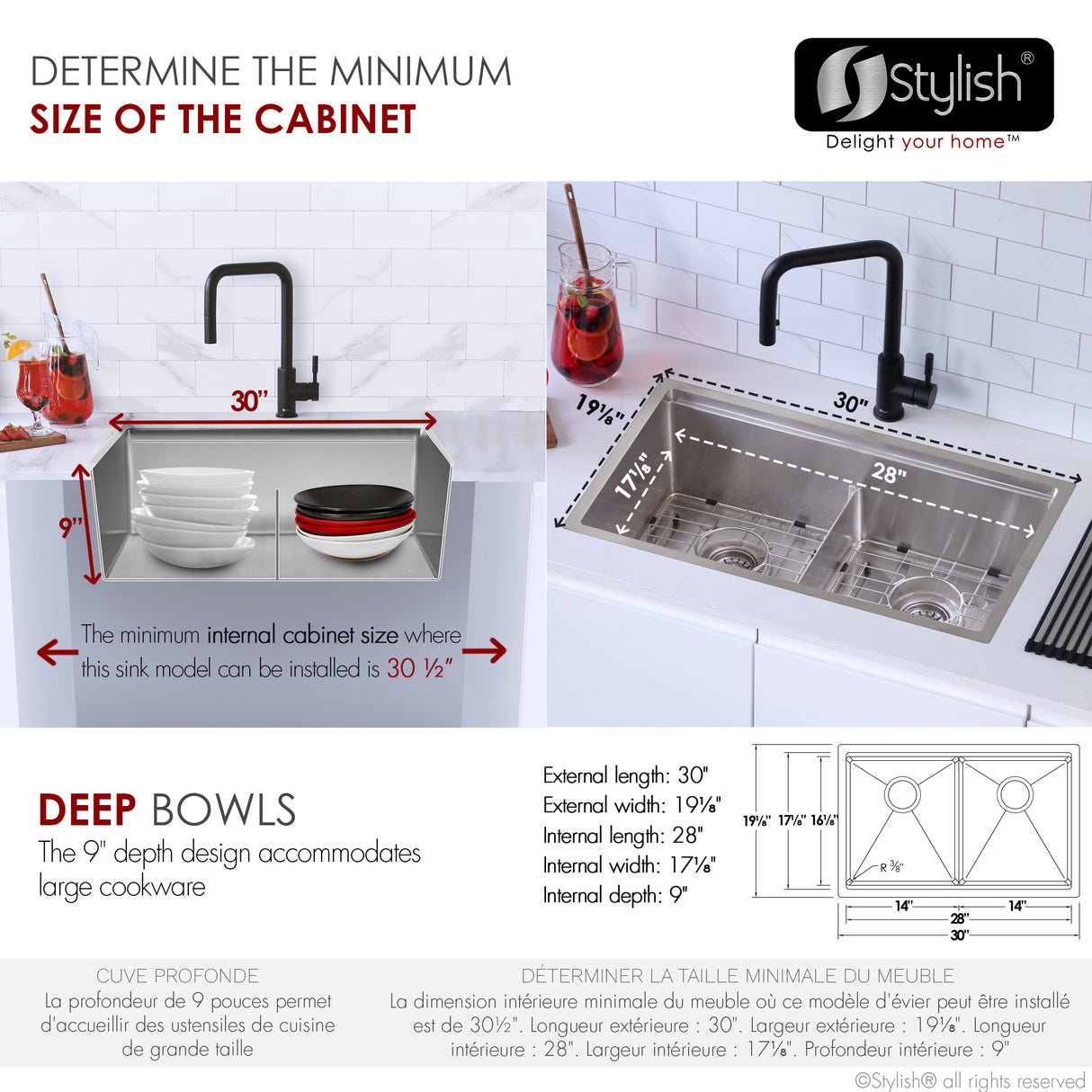 STYLISH 30 inch Workstation Double Bowl Undermount and Drop-in 16 Gauge Stainless Steel Kitchen Sink with Built in Accessories