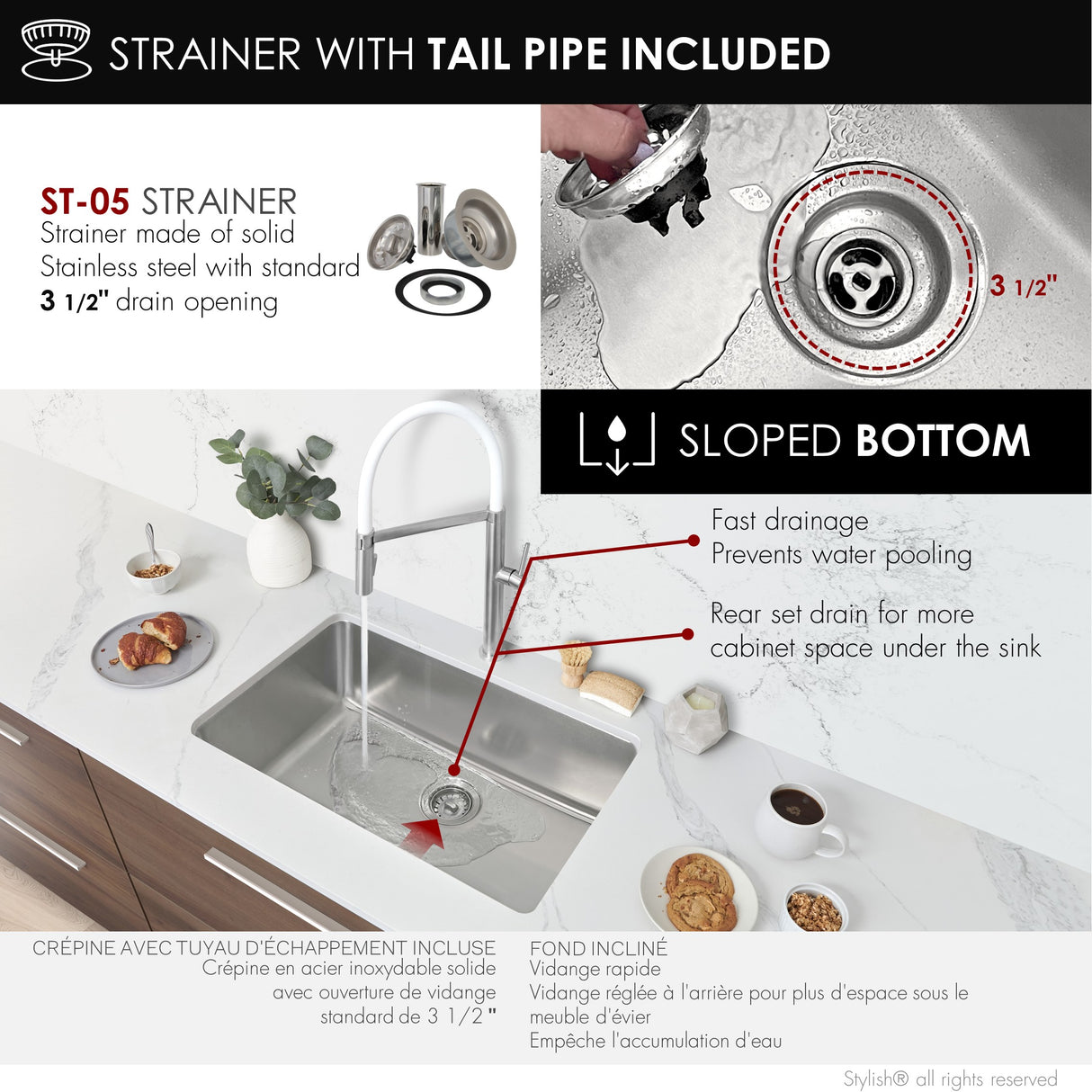 27 in Dual Mount Single Bowl Kitchen Sink, 18 Gauge Stainless Steel with Standard Strainer, by Stylish® S-406T Olite