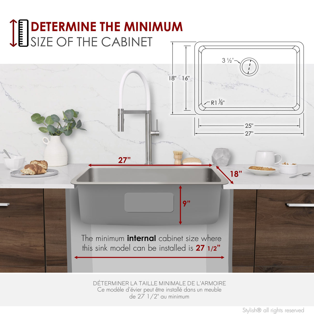 27 in Dual Mount Single Bowl Kitchen Sink, 18 Gauge Stainless Steel with Standard Strainer, by Stylish® S-406T Olite