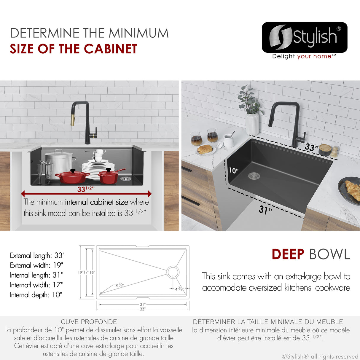STYLISH 33 inch Workstation Single Bowl Undermount 16 Gauge Stainless Steel Kitchen Sink with Built in Accessories