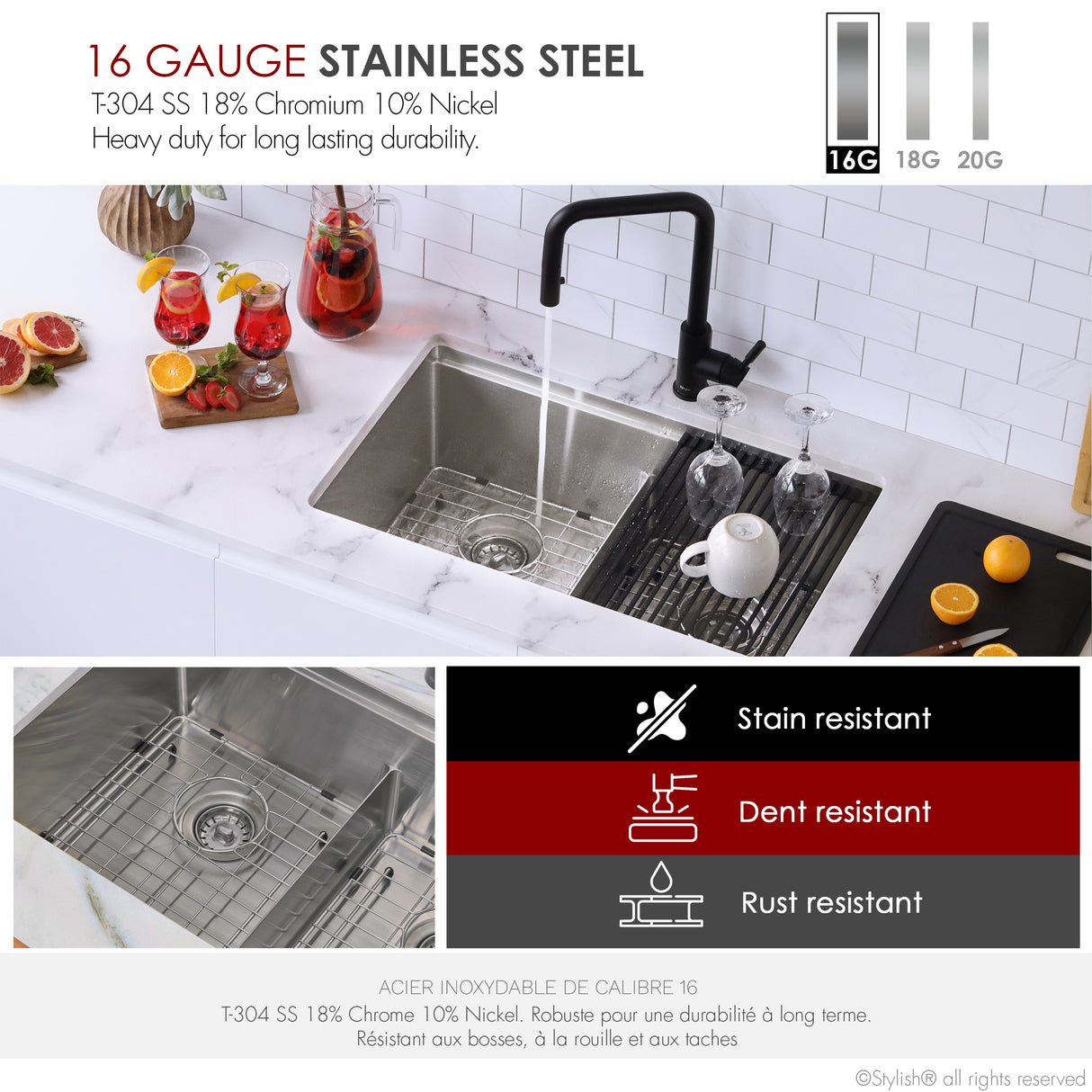STYLISH 30 inch Workstation Double Bowl Undermount and Drop-in 16 Gauge Stainless Steel Kitchen Sink with Built in Accessories