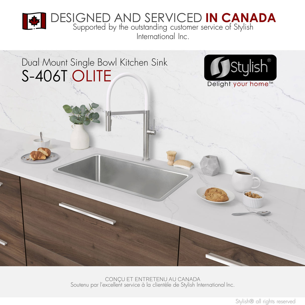 27 in Dual Mount Single Bowl Kitchen Sink, 18 Gauge Stainless Steel with Standard Strainer, by Stylish® S-406T Olite