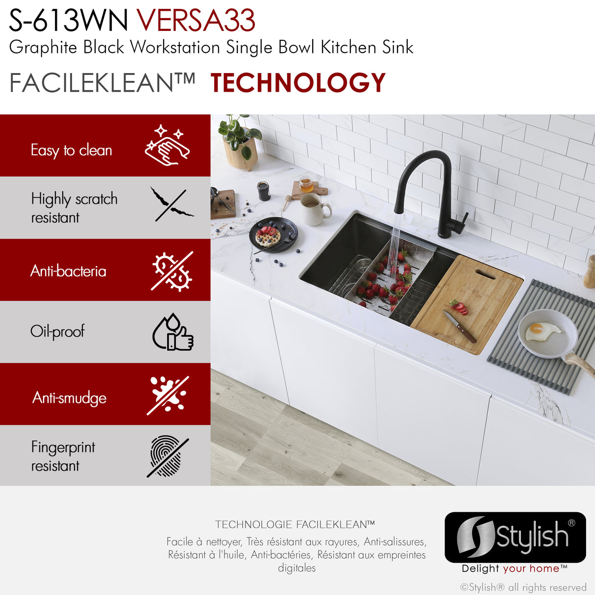 STYLISH 33 inch Workstation Single Bowl Undermount 16 Gauge Stainless Steel Kitchen Sink with Built in Accessories
