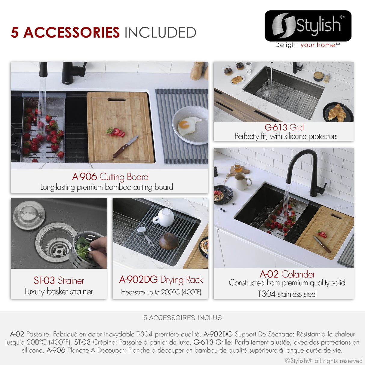 STYLISH 33 inch Workstation Single Bowl Undermount 16 Gauge Stainless Steel Kitchen Sink with Built in Accessories