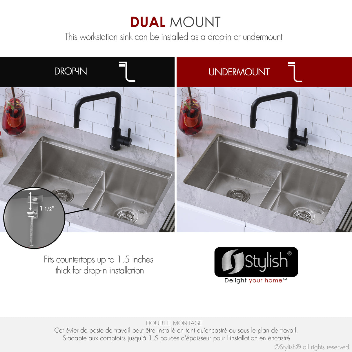 STYLISH 30 inch Workstation Double Bowl Undermount and Drop-in 16 Gauge Stainless Steel Kitchen Sink with Built in Accessories