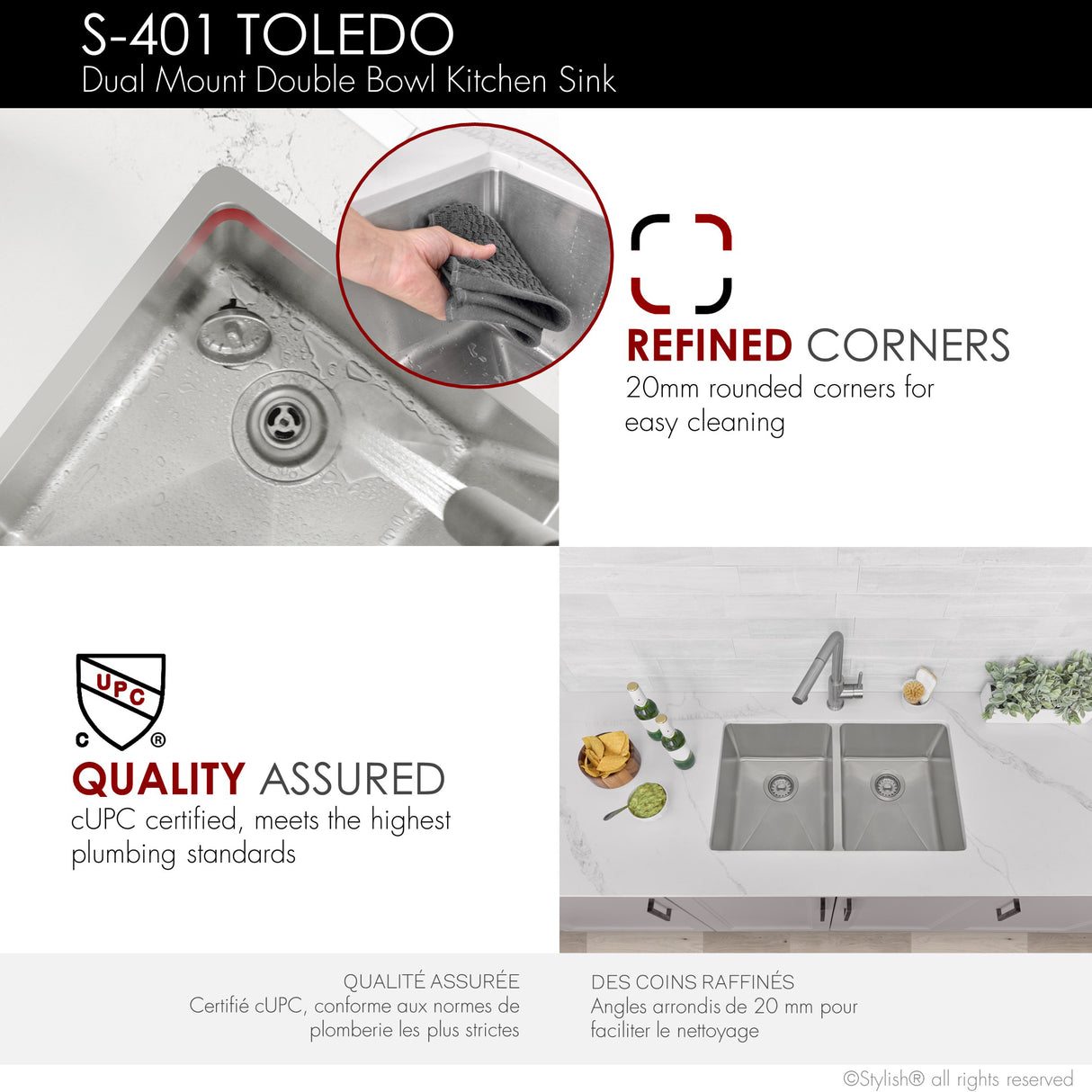 STYLISH 31 inch Double Bowl Undermount Stainless Steel Kitchen Sink