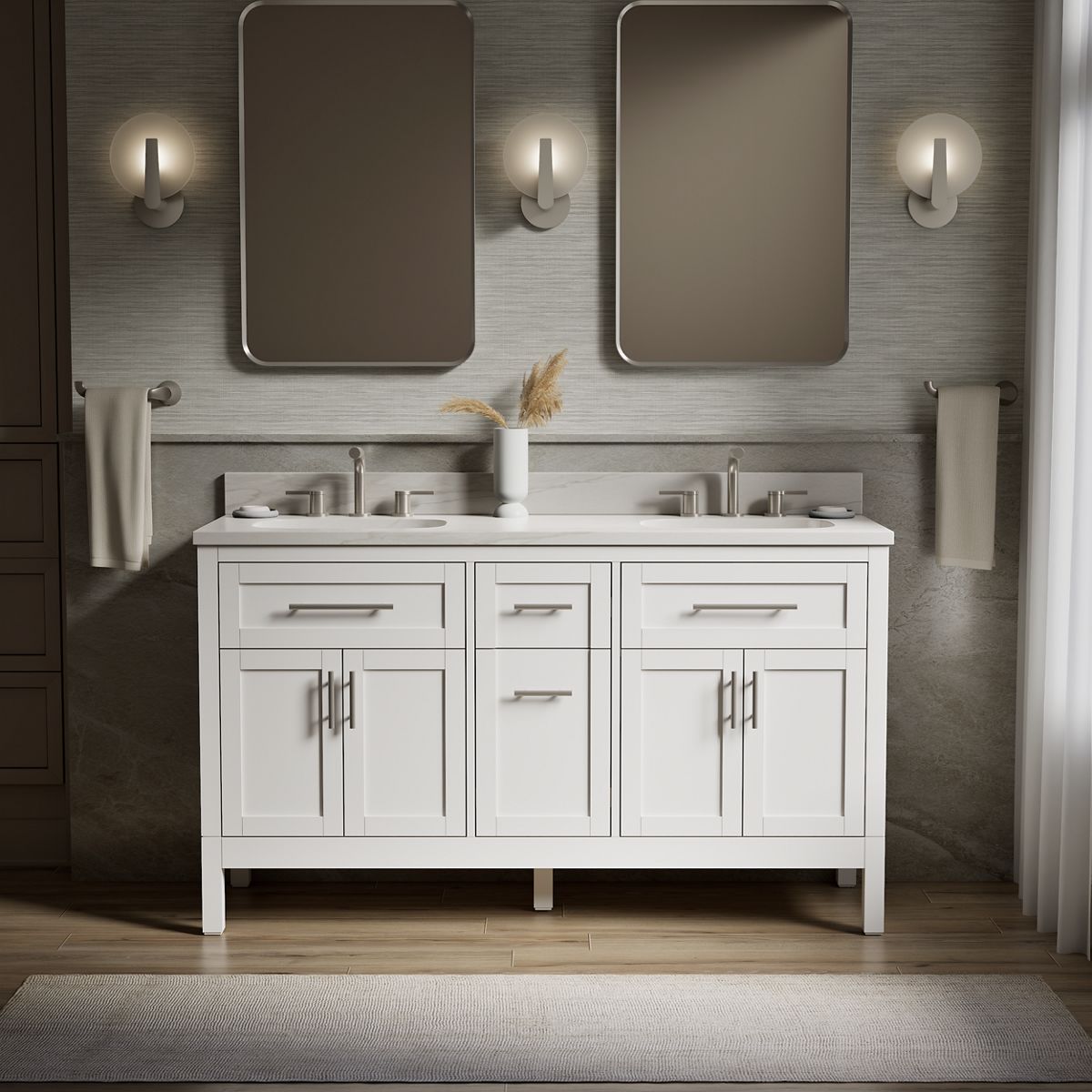 Hadron™ 60" bathroom vanity cabinet with sinks and quartz top