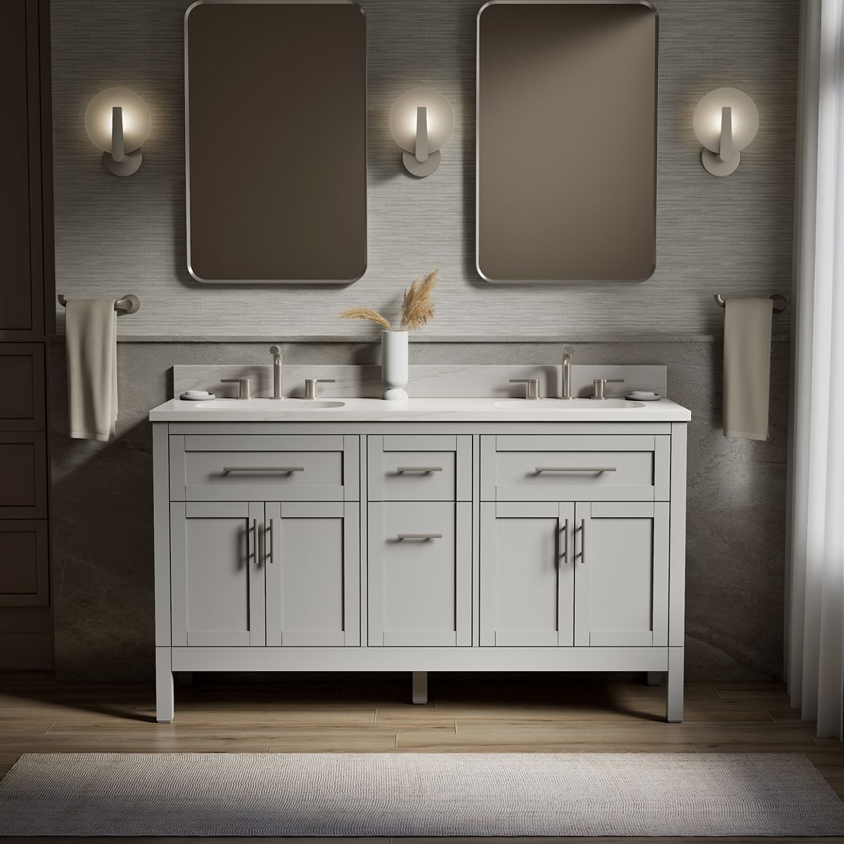 Hadron™ 60" bathroom vanity cabinet with sinks and quartz top