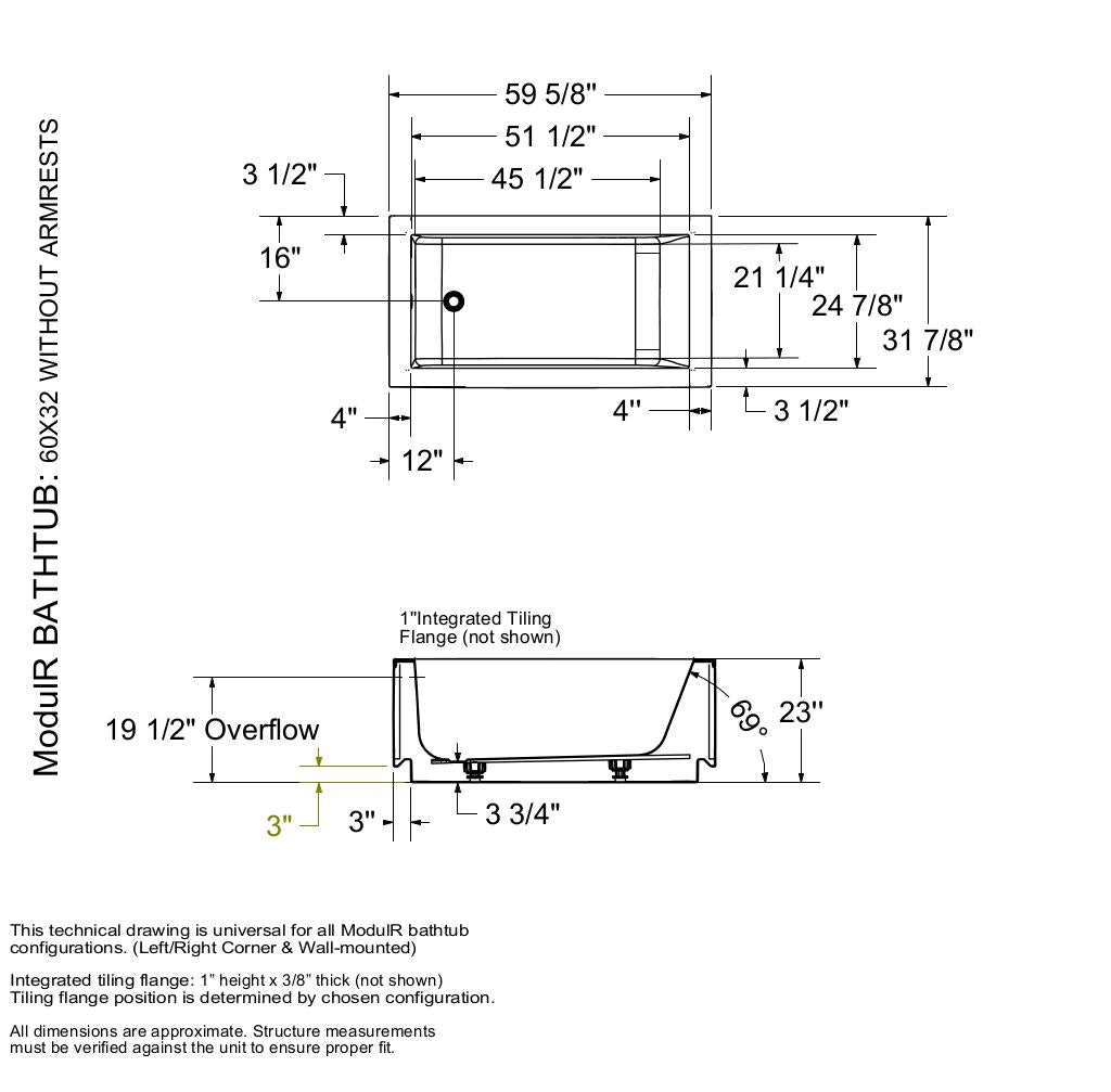 ModulR 6032 (Without Armrests) Acrylic Corner Left Left-Hand Drain Bathtub in White