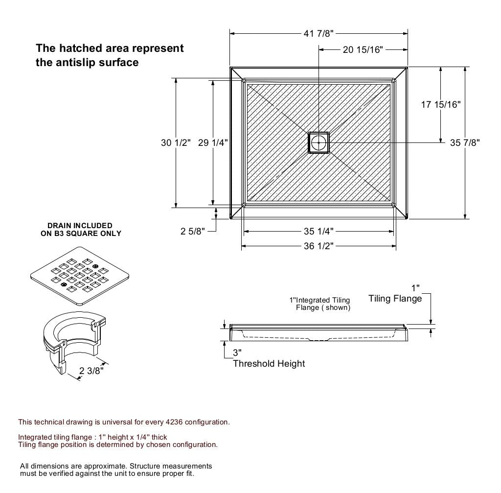 B3Round 4236 Acrylic Alcove Shower Base in White with Anti-slip Bottom with Center Drain