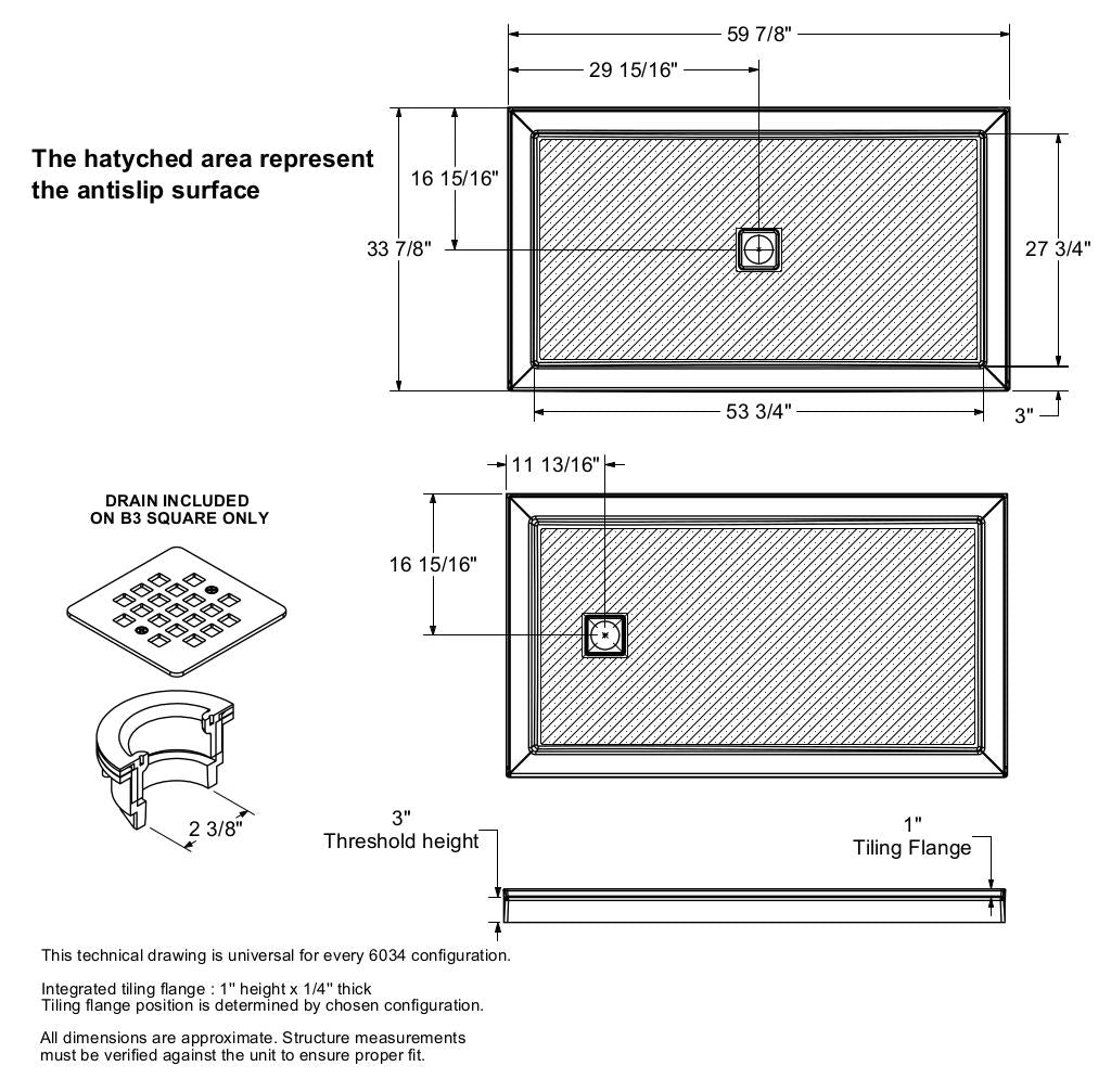 B3Round 6034 Acrylic Alcove Shower Base in White with Anti-slip Bottom with Center Drain