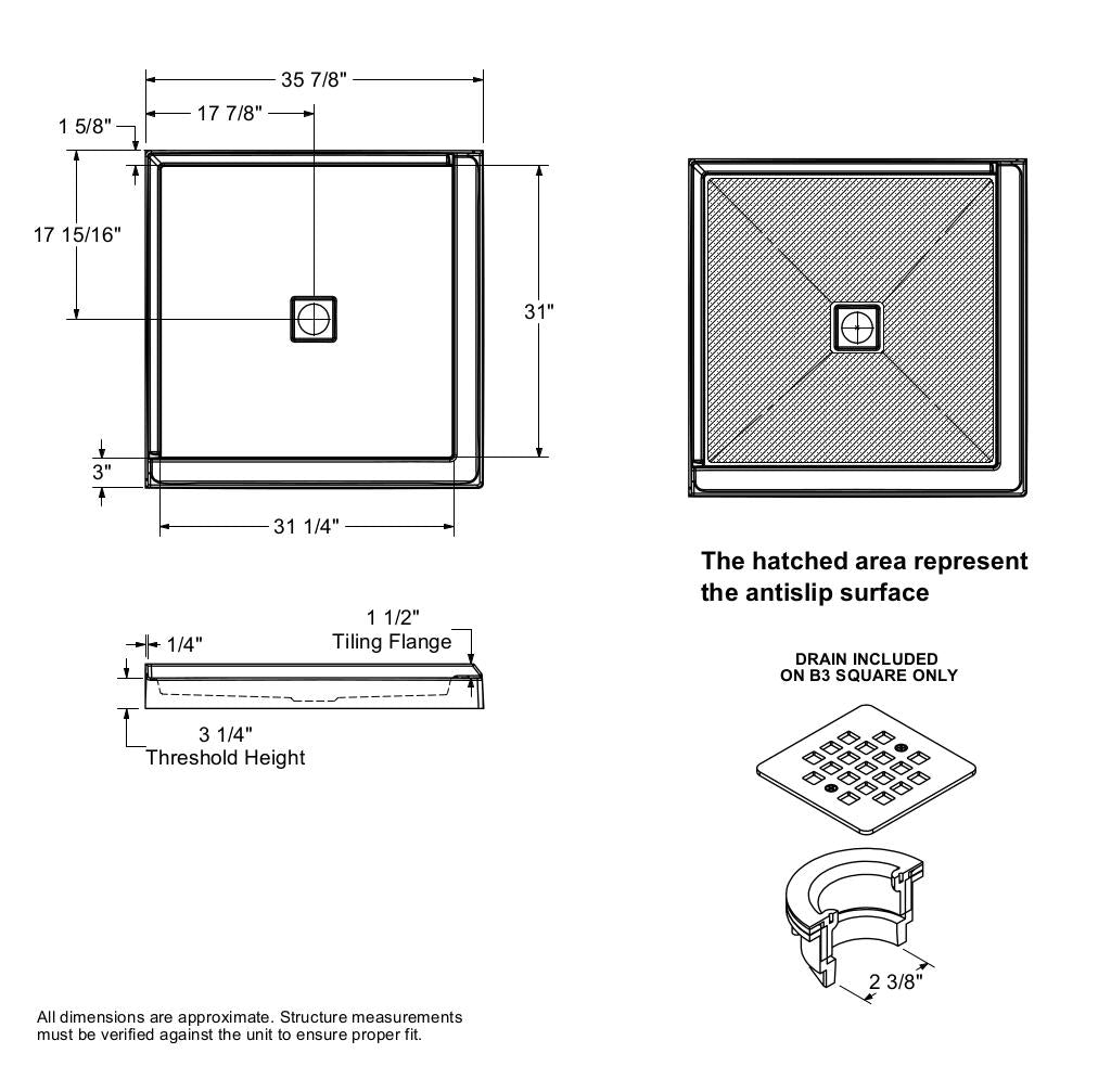 B3X 3636 Acrylic Corner Left or Right Shower Base with Center Drain in White