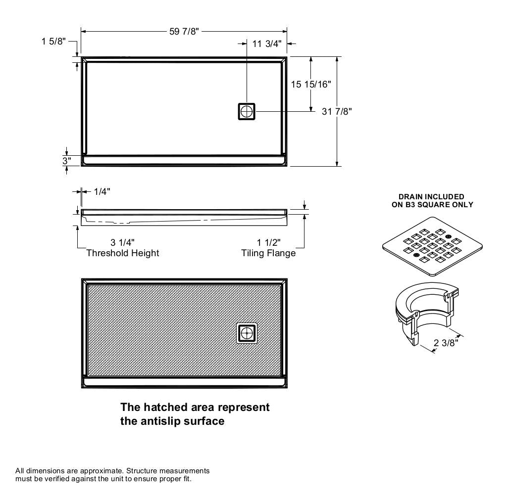 B3X 6032 Acrylic Alcove Shower Base with Right-Hand Drain in White