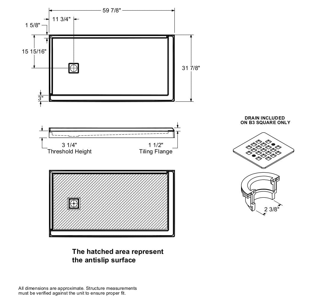 B3X 6032 Acrylic Corner Left Shower Base with Left-Hand Drain in White