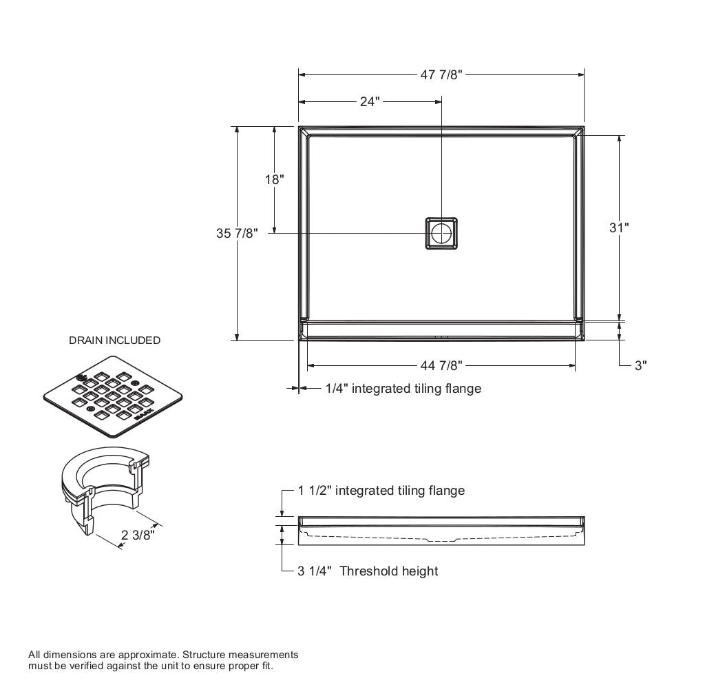 B3X 4836 Acrylic Alcove Shower Base with Center Drain in White