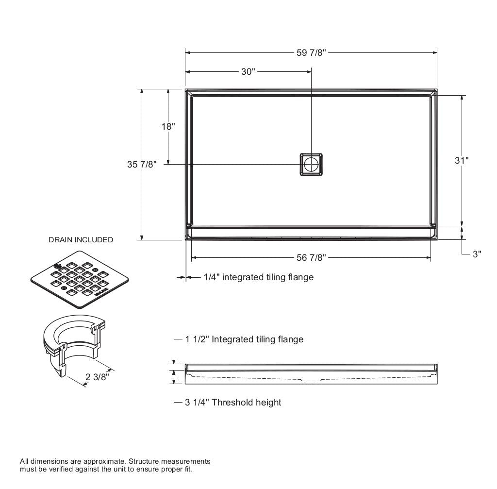 B3X 6036 Acrylic Alcove Shower Base with Center Drain in White
