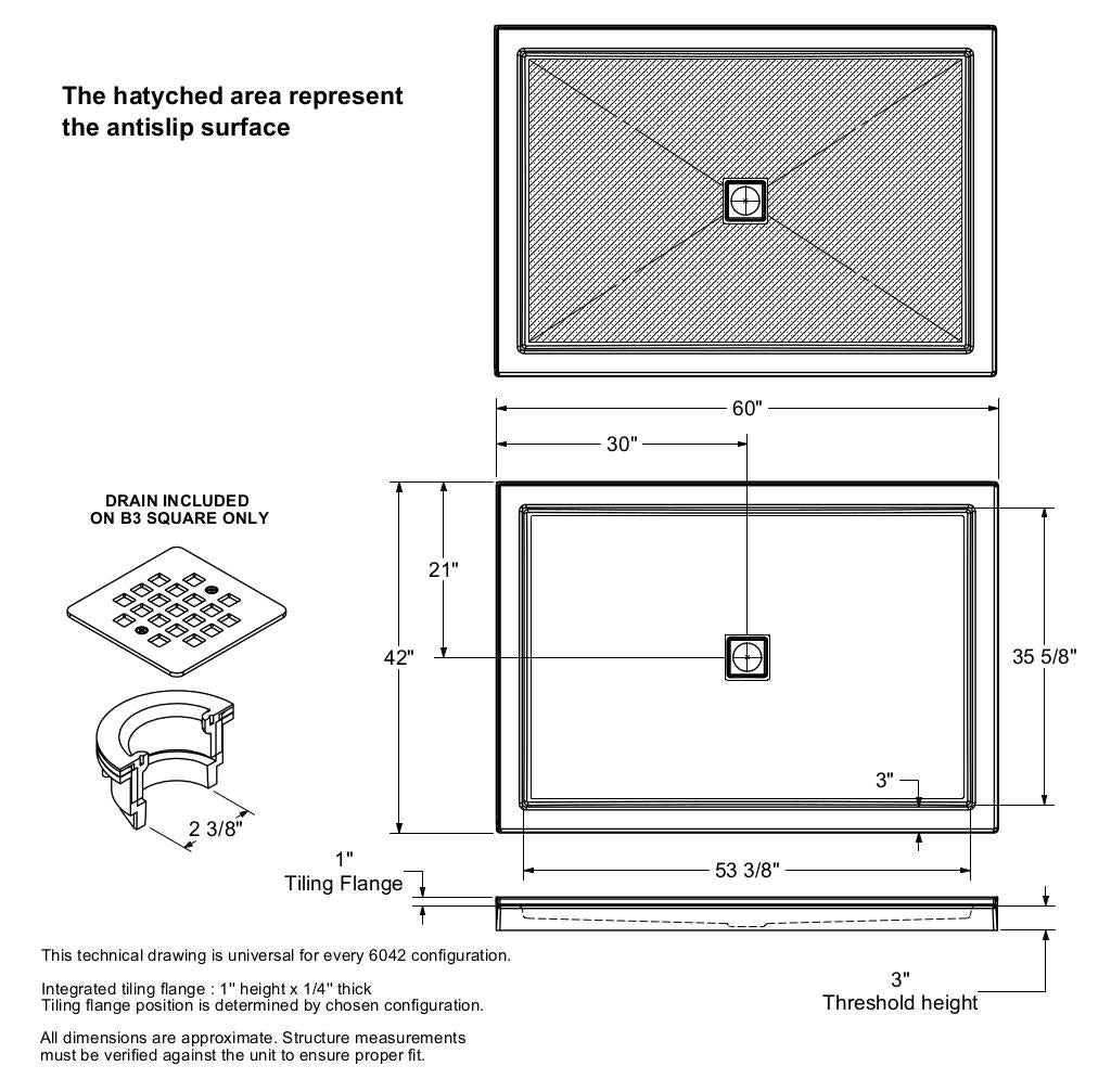 B3Square 6042 Acrylic Alcove Shower Base in White with Center Drain