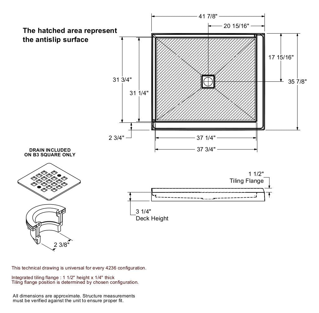 B3X 4236 Acrylic Corner Left Shower Base with Center Drain in White