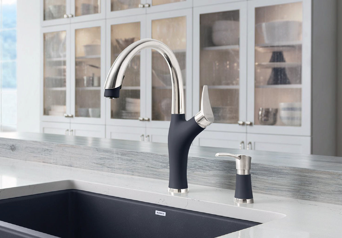 Blanco Artona Pull-Out Faucet and soap dispenser installed in a bright, transitional kitchen over a matching sink basin—Anthracite finish