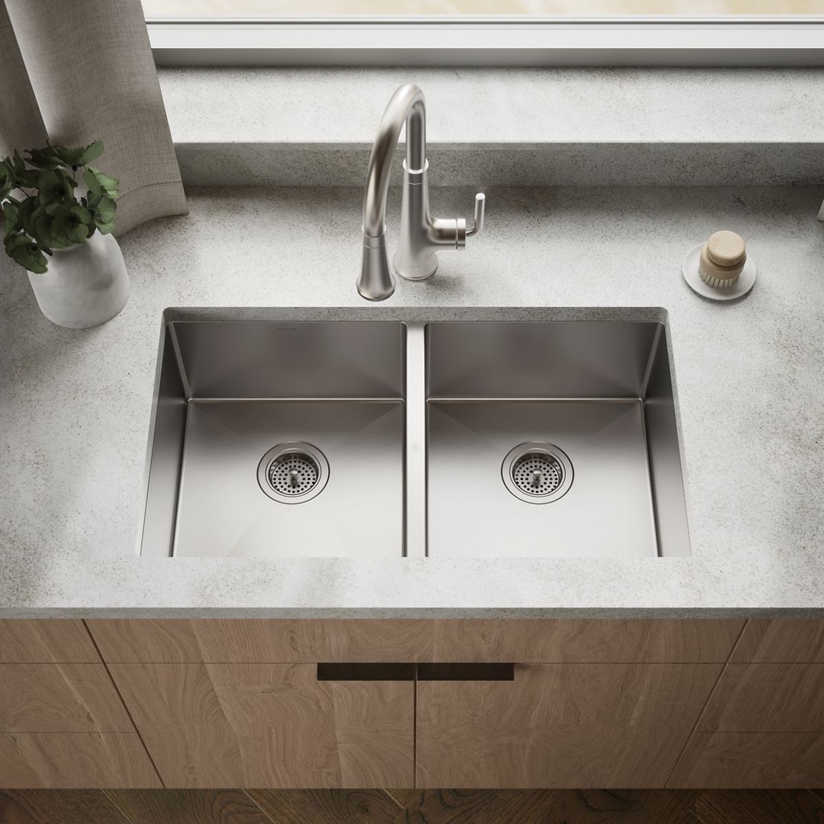 Strive® 32" undermount double-bowl kitchen sink with accessories