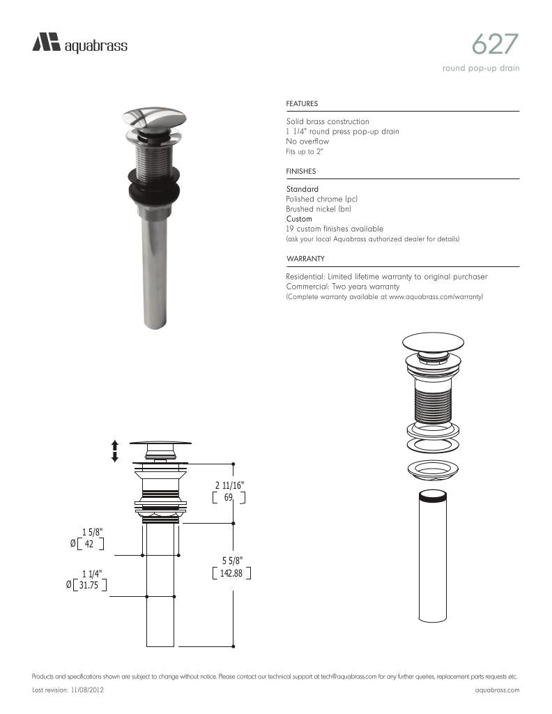 Aquabrass Round Press Pop-Up Sink Drain, Chrome & Nickel - image 2