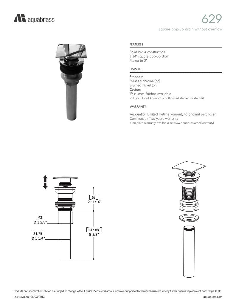 Aquabrass Gold 1-1/4" Square Press Pop-Up Sink Drain 629 - image 2