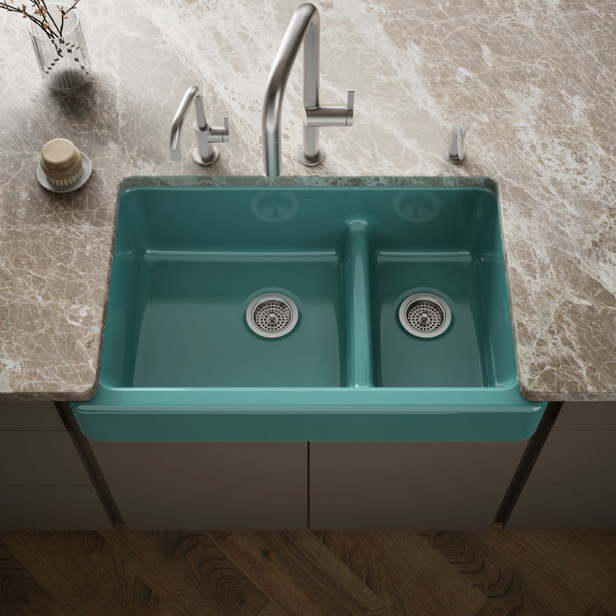 Whitehaven® Smart Divide® 35-1/2" undermount double-bowl farmhouse kitchen sink with short apron