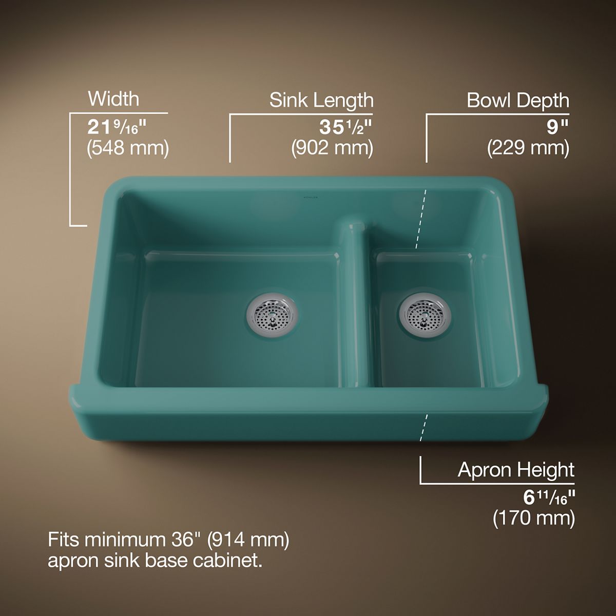 Whitehaven® Smart Divide® 35-1/2" undermount double-bowl farmhouse kitchen sink with short apron