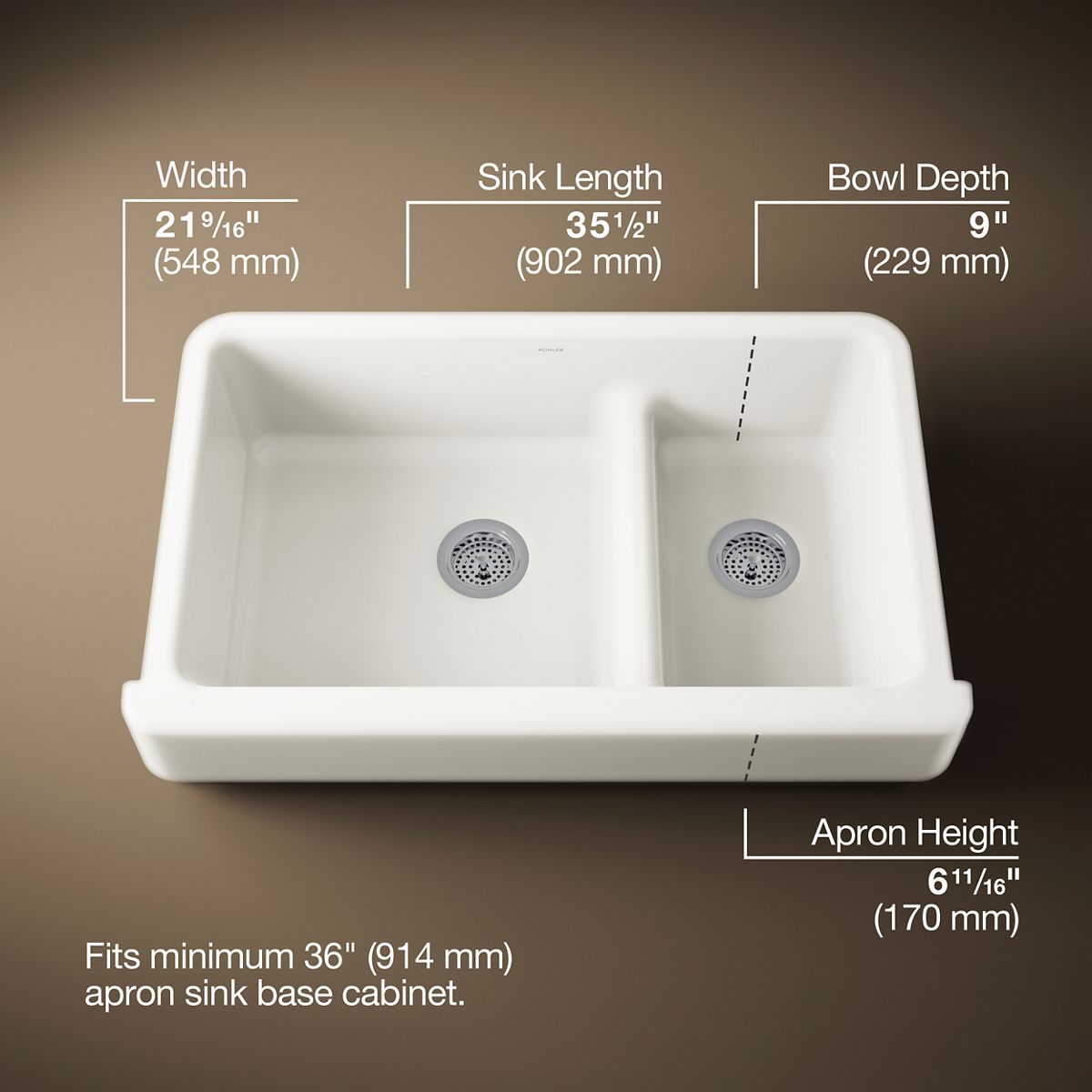 Whitehaven® Smart Divide® 35-1/2" undermount double-bowl farmhouse kitchen sink with short apron