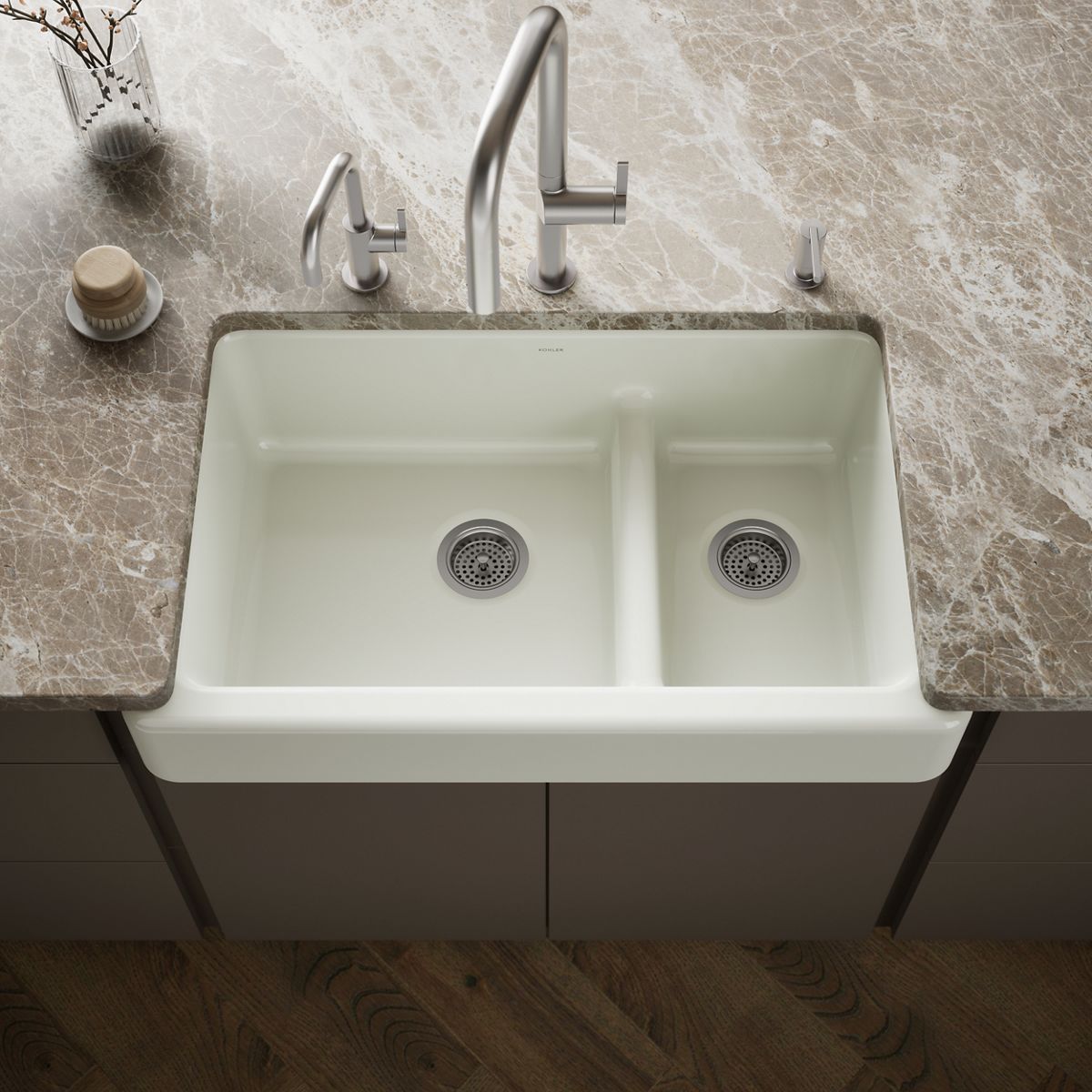 Whitehaven® Smart Divide® 35-1/2" undermount double-bowl farmhouse kitchen sink with short apron