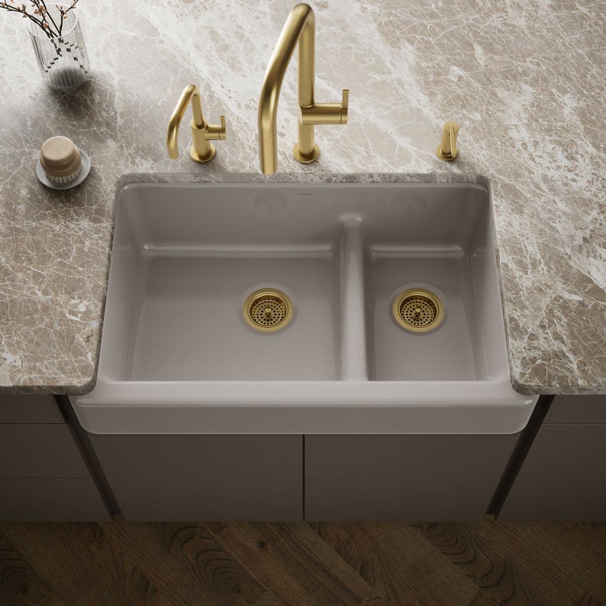 Whitehaven® Smart Divide® 35-1/2" undermount double-bowl farmhouse kitchen sink with short apron
