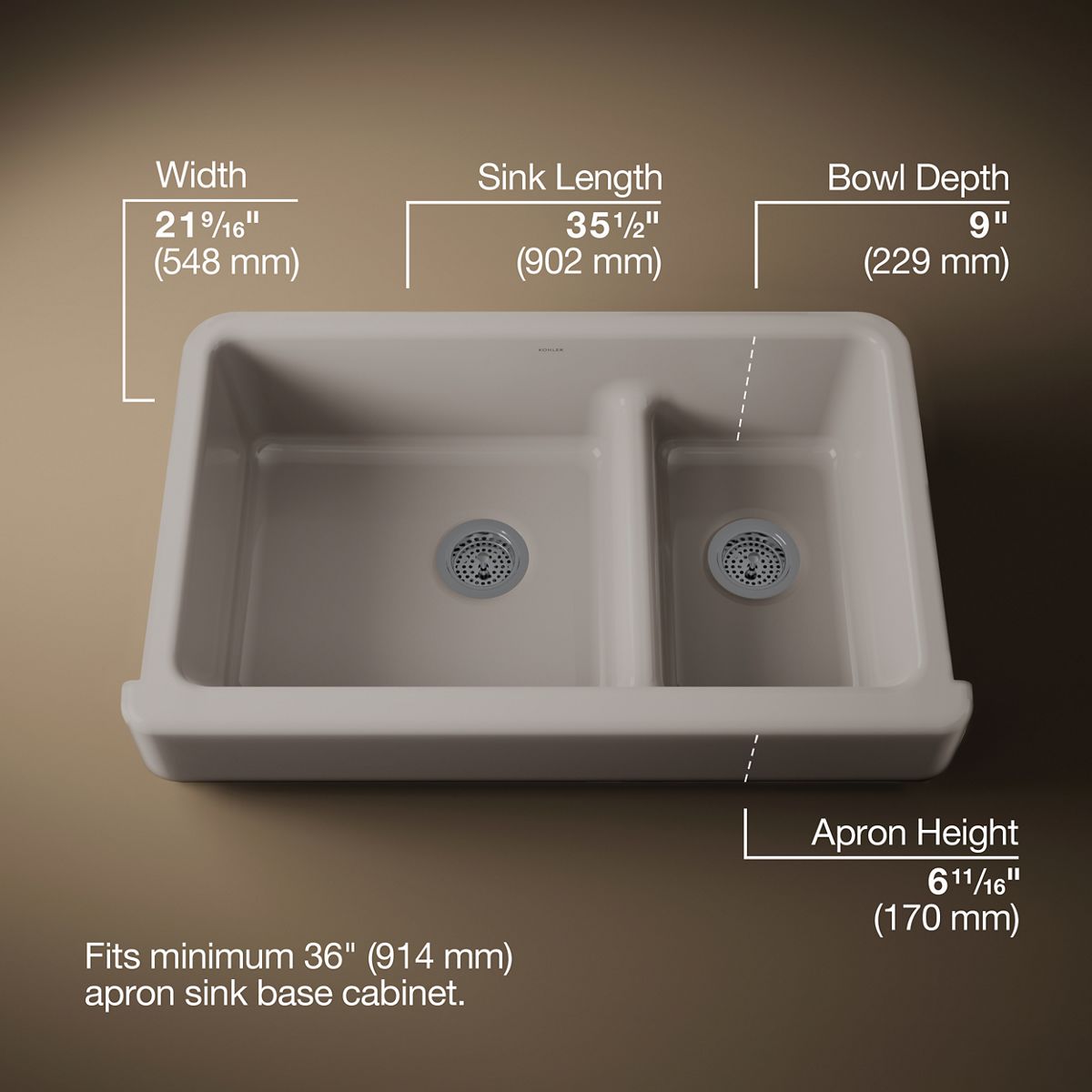 Whitehaven® Smart Divide® 35-1/2" undermount double-bowl farmhouse kitchen sink with short apron