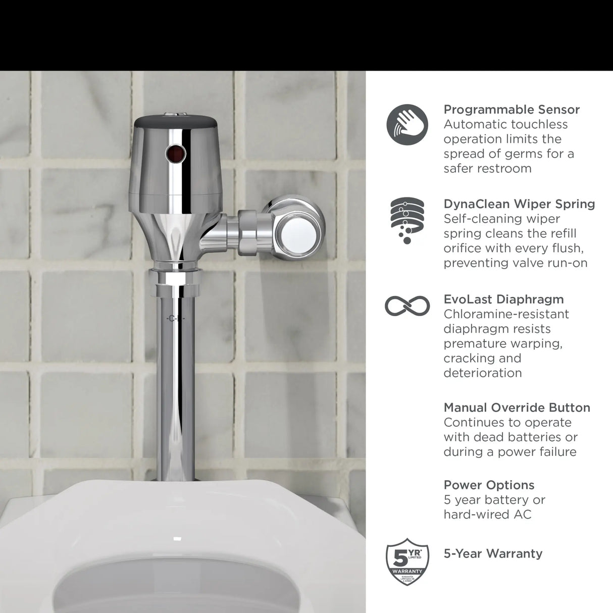 Ultima® Selectronic® Exposed Toilet Flush Valve, Diaphragm Type, Base Model, Dual Flush 1.28/1.1 gpf (4.8/4.2 Lpf)