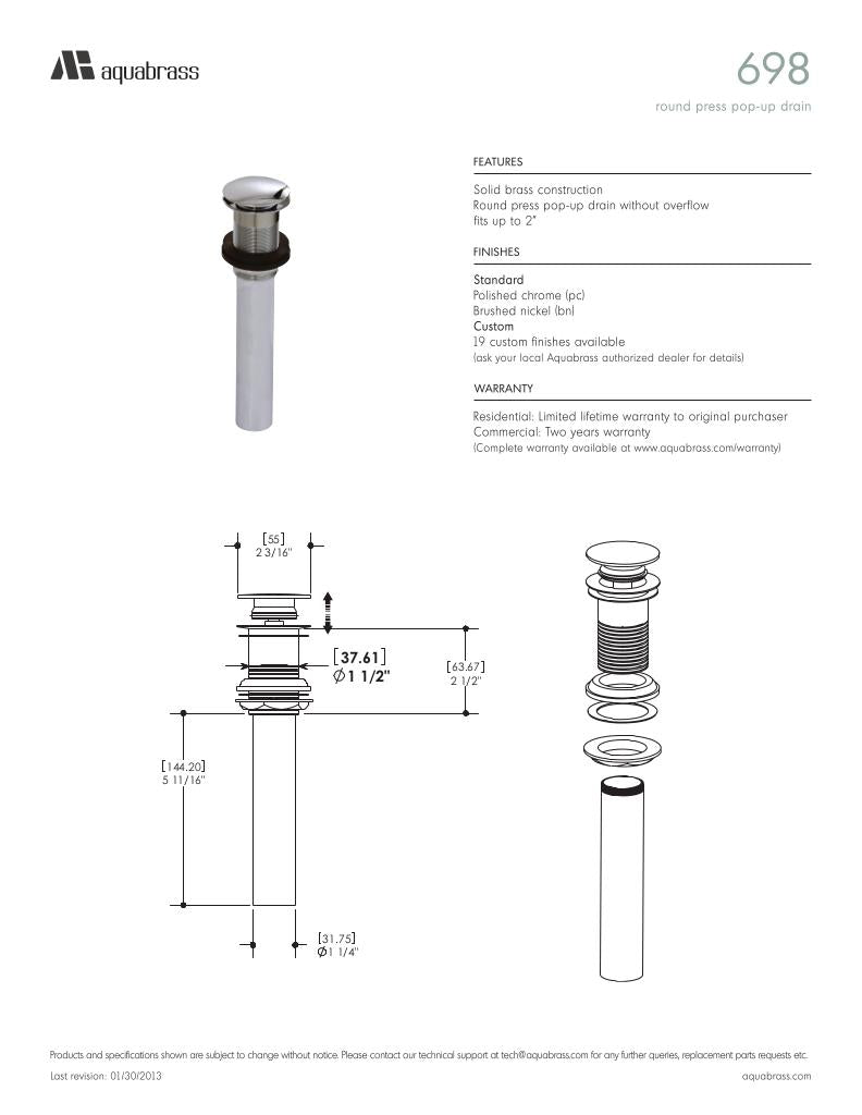 Aquabrass Gold Round Press Pop-Up Sink Drain 698 - image 2