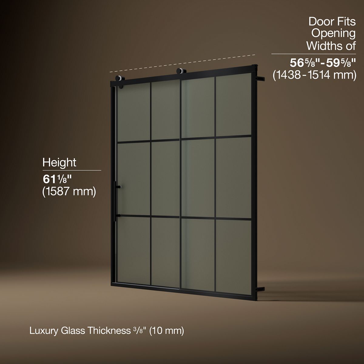 Rely® 56-5/8"-59-5/8" W x 62-1/2" H sliding bath door with 3/8"-thick Frosted glass