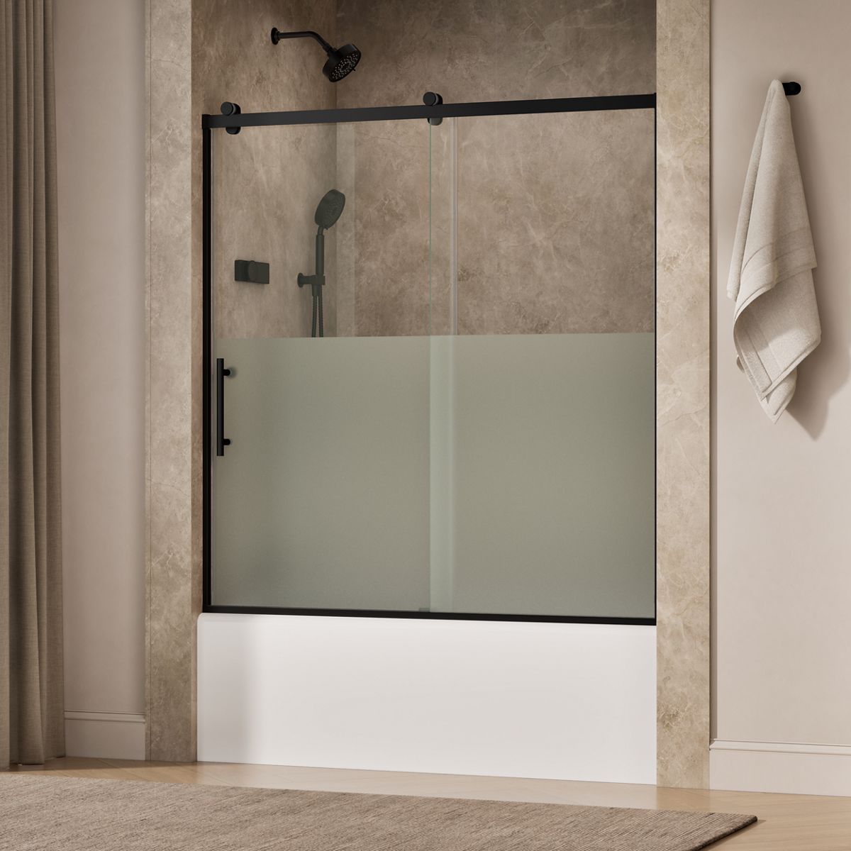 Rely® 56-5/8"-59-5/8" W x 62-1/2" H sliding bath door with 3/8"-thick Crystal Clear glass