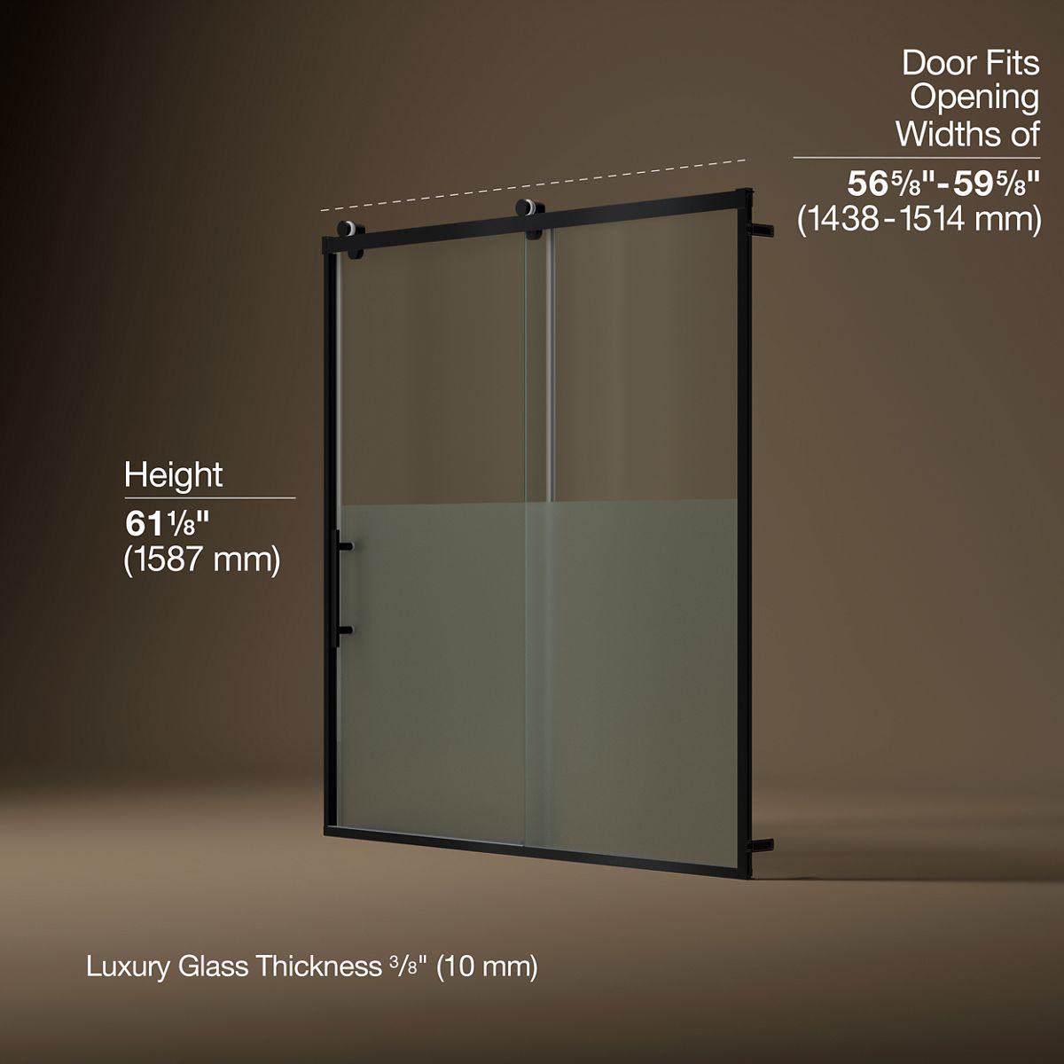 Rely® 56-5/8"-59-5/8" W x 62-1/2" H sliding bath door with 3/8"-thick Crystal Clear glass