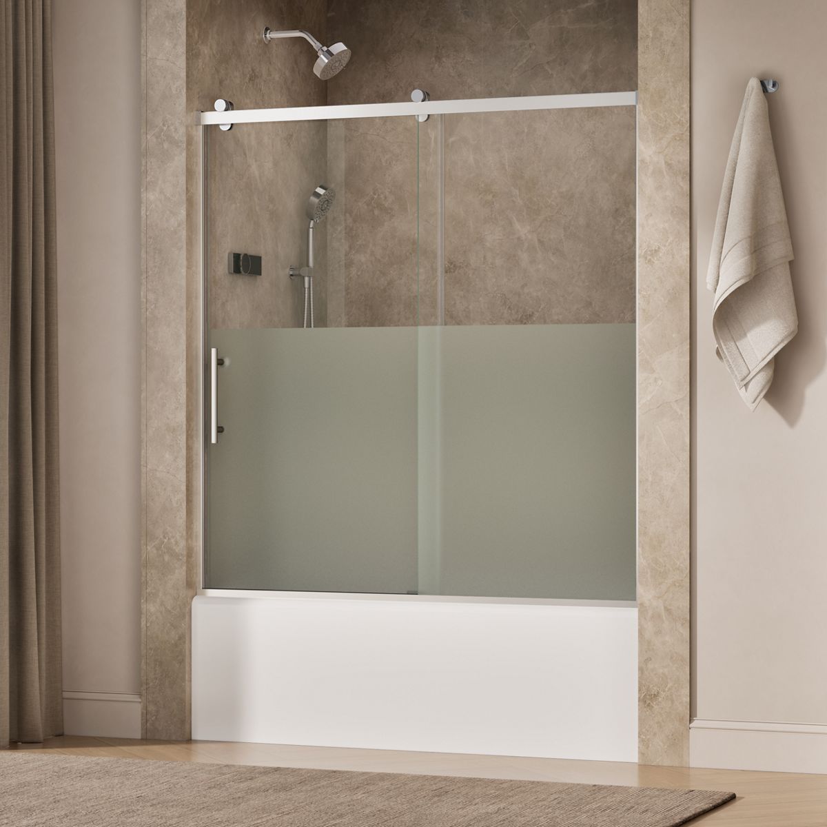 Rely® 56-5/8"-59-5/8" W x 62-1/2" H sliding bath door with 3/8"-thick Crystal Clear glass
