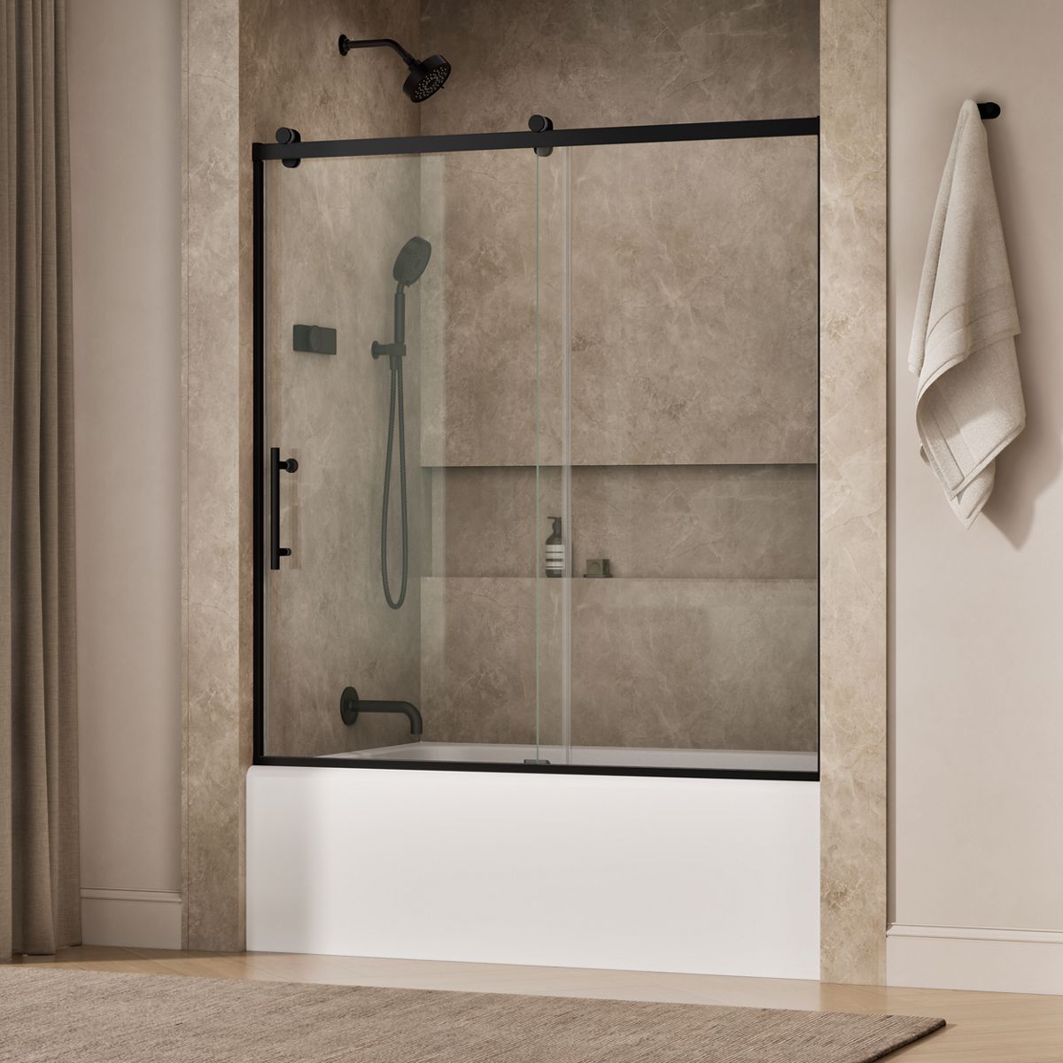 Rely® 56-5/8"-59-5/8" W x 62-1/2" H sliding bath door with 3/8"-thick Crystal Clear glass
