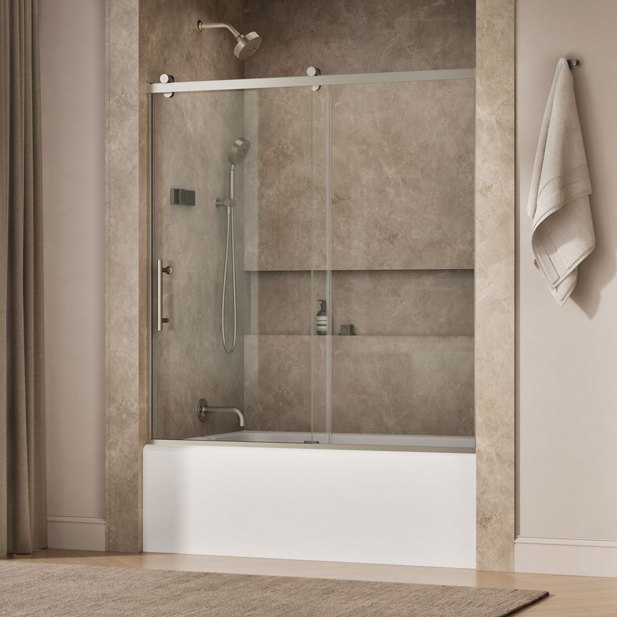 Rely® 56-5/8"-59-5/8" W x 62-1/2" H sliding bath door with 3/8"-thick Crystal Clear glass
