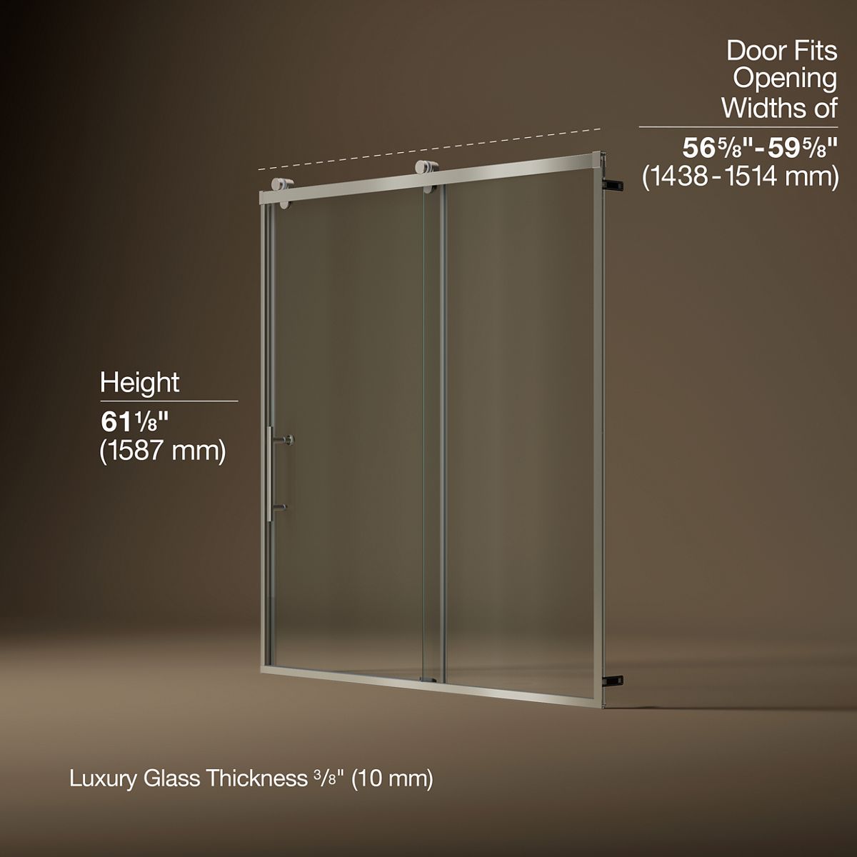 Rely® 56-5/8"-59-5/8" W x 62-1/2" H sliding bath door with 3/8"-thick Crystal Clear glass