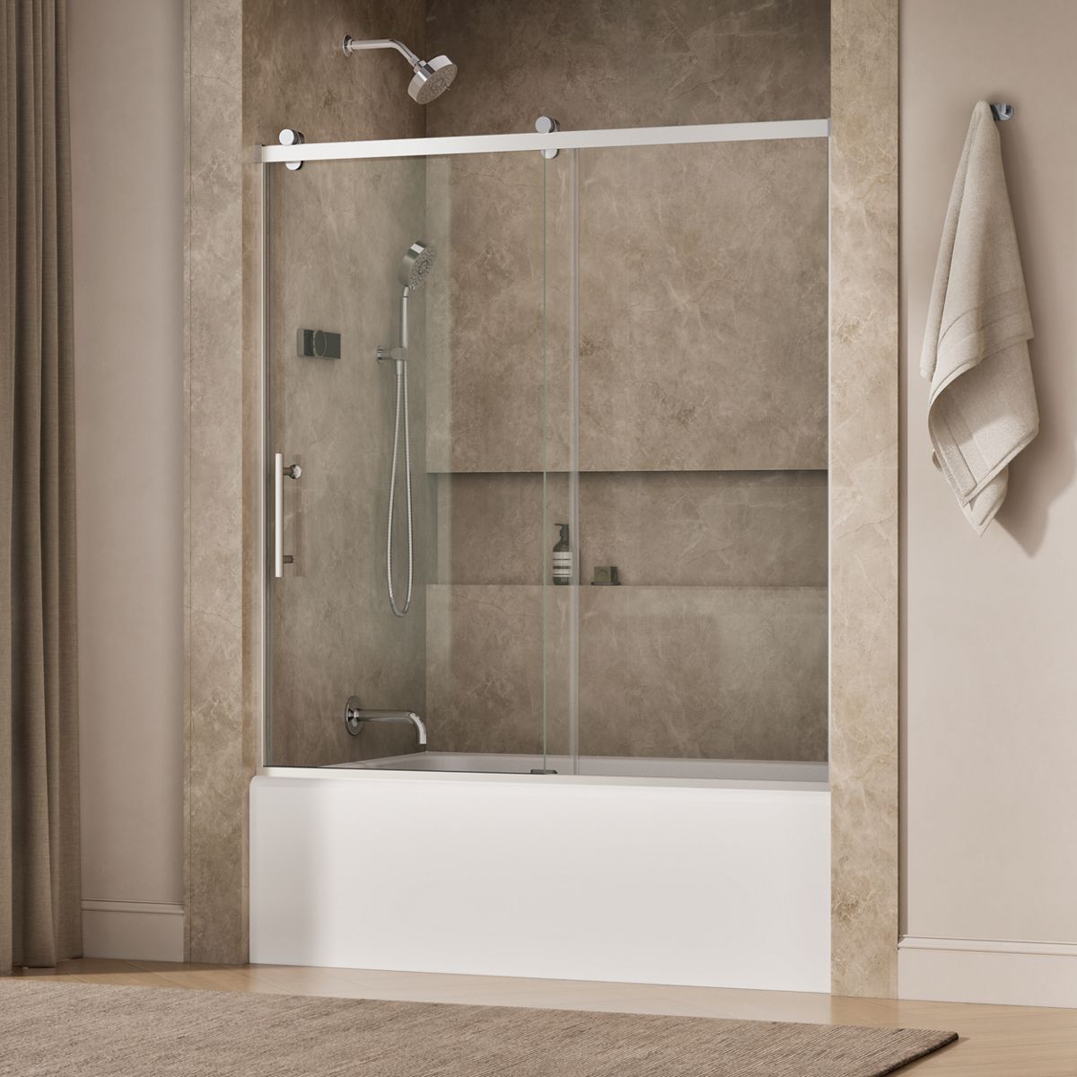 Rely® 56-5/8"-59-5/8" W x 62-1/2" H sliding bath door with 3/8"-thick Crystal Clear glass