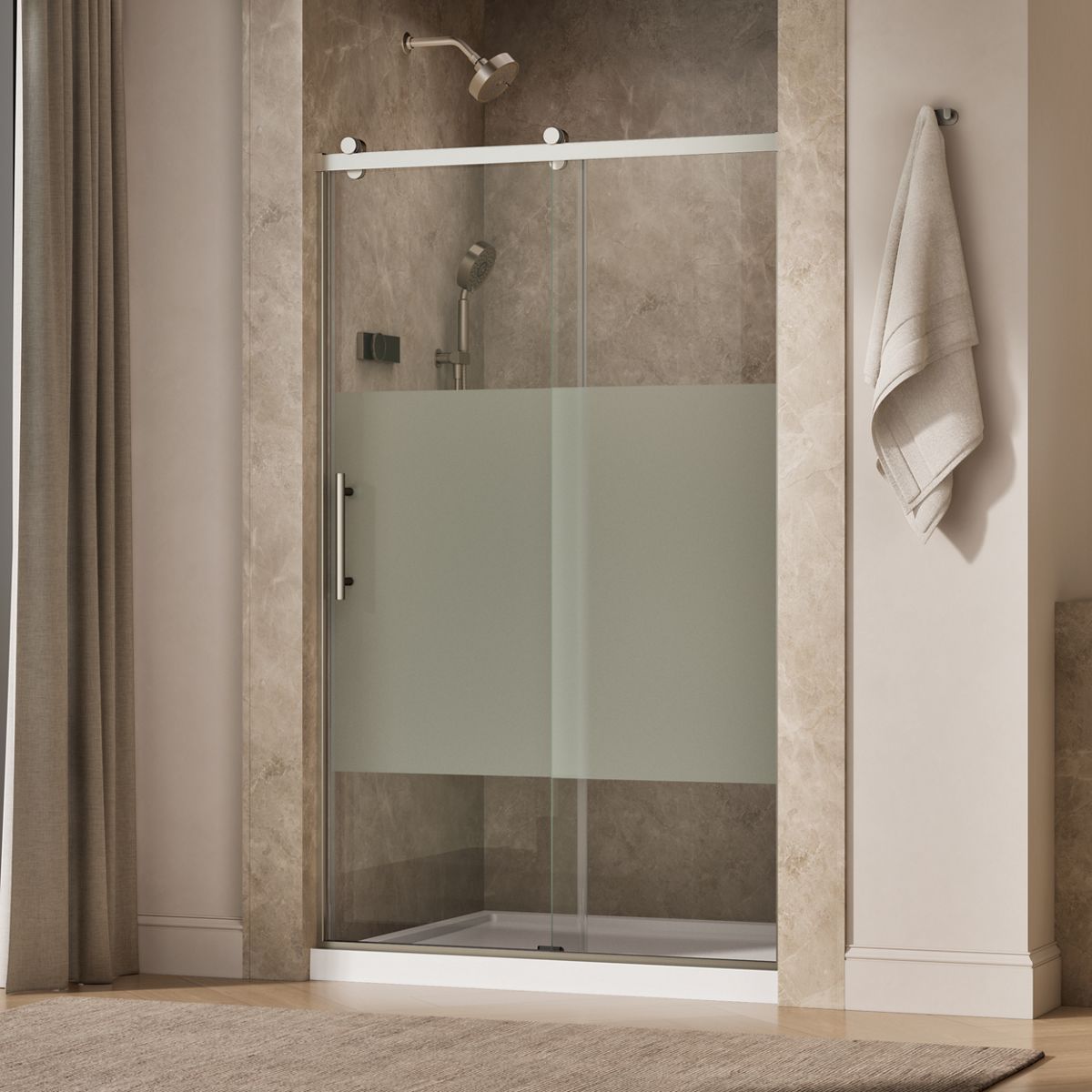 Rely® 44-5/8"-47-5/8" W x 76.99" H sliding shower door with 3/8"-thick Crystal Clear glass
