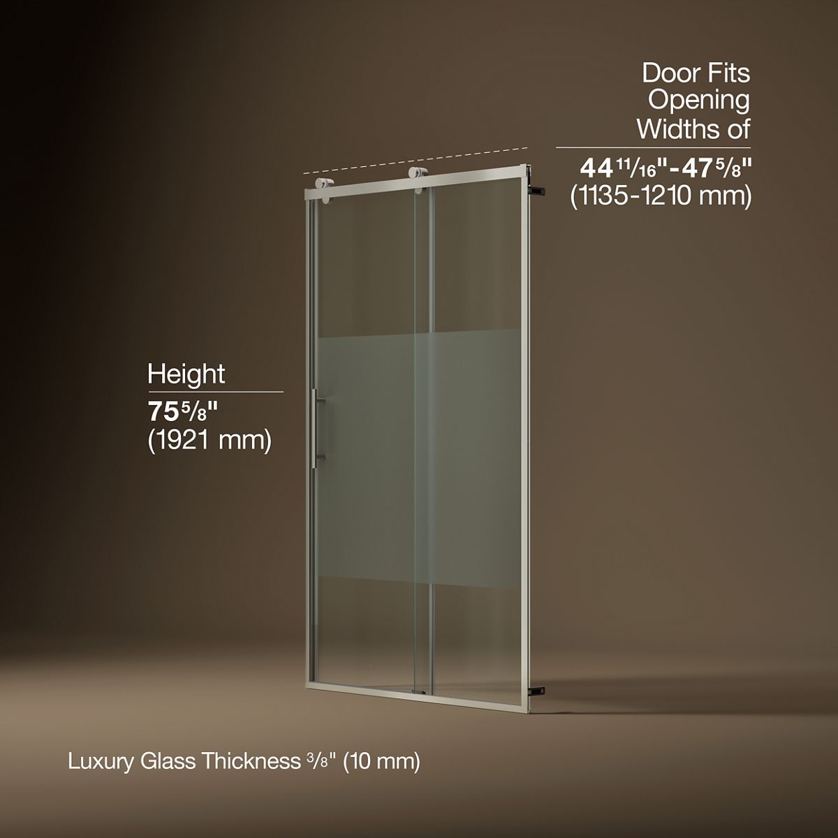 Rely® 44-5/8"-47-5/8" W x 76.99" H sliding shower door with 3/8"-thick Crystal Clear glass