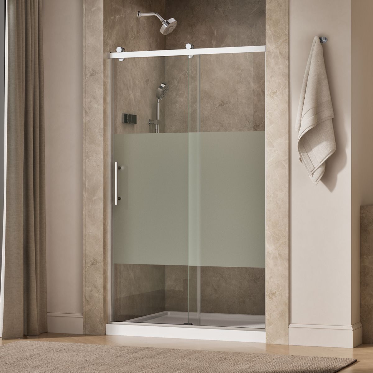Rely® 44-5/8"-47-5/8" W x 76.99" H sliding shower door with 3/8"-thick Crystal Clear glass